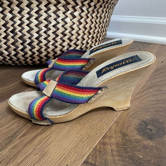 Vintage 70s 80s Rapallo Rainbow Wedge Mules Heels 7 38 - Picture 1 of 13
